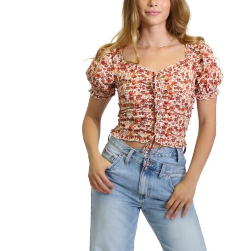 Kit+Sky Floral Cropped Tie Top- Orange /Brown Floral